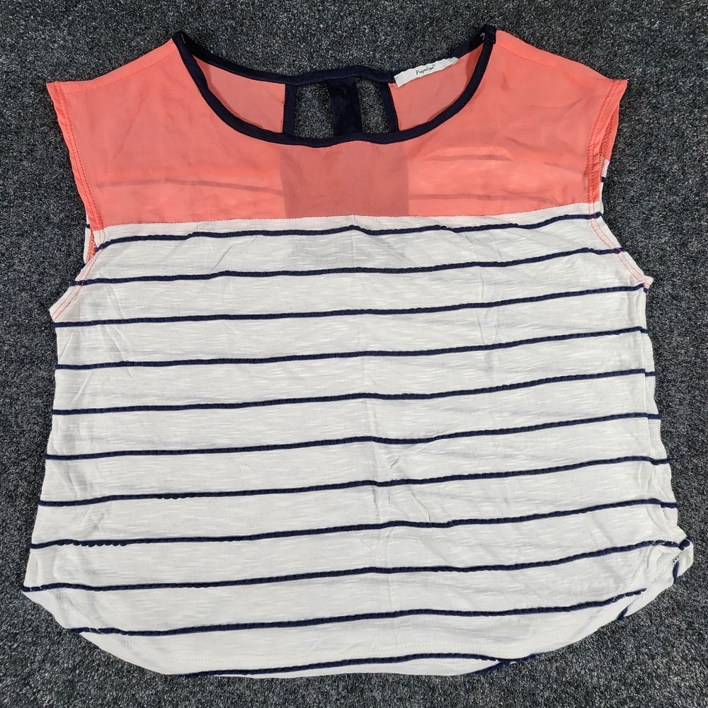 NWOT Papaya Sleeveless Top Womens Medium White Blue Striped Coral Chiffon Yoke